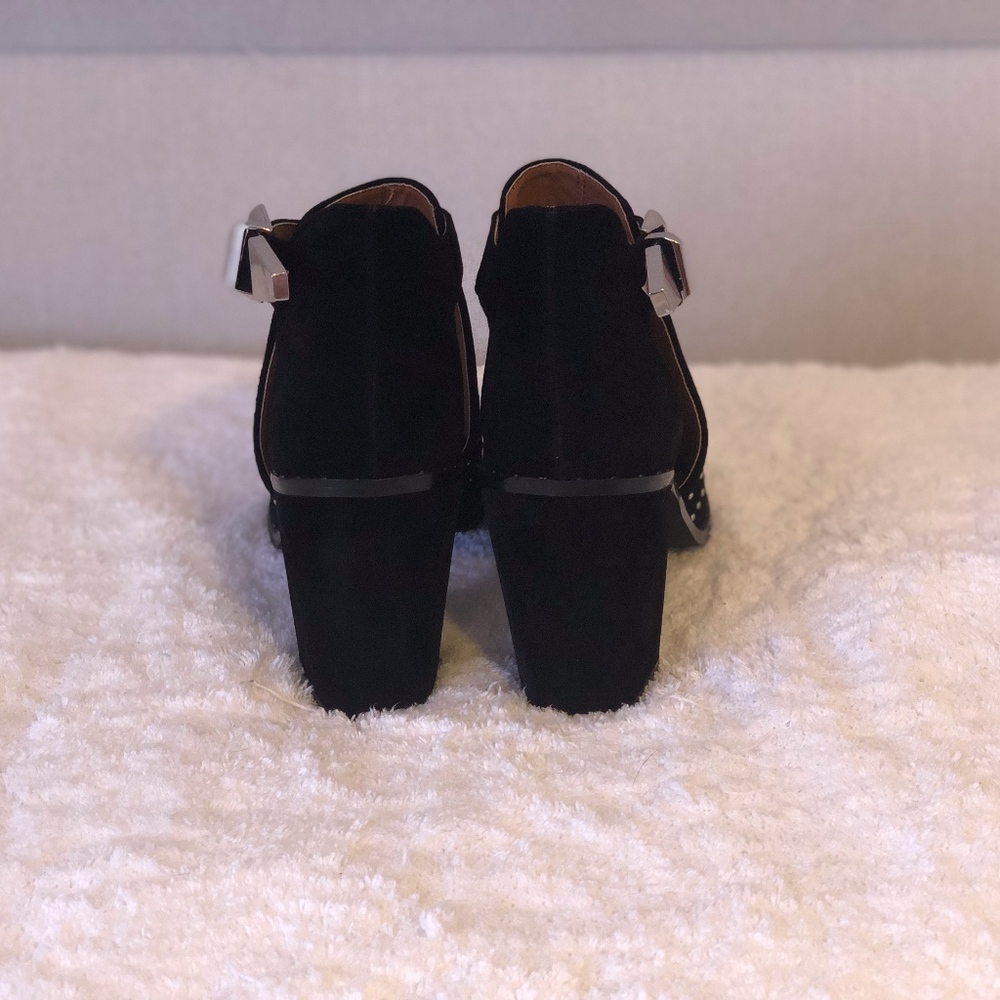 Black Studded Suede Peep Toe Booties - Picture 5 of 8